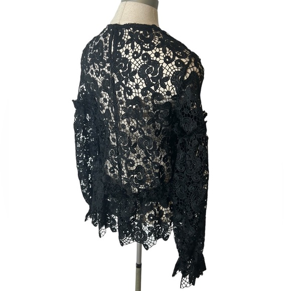 H&M Black Embroidered Lace Ruffle Long Balloon Sleeve Sheer Blouse Women Size 6 - Picture 11 of 16